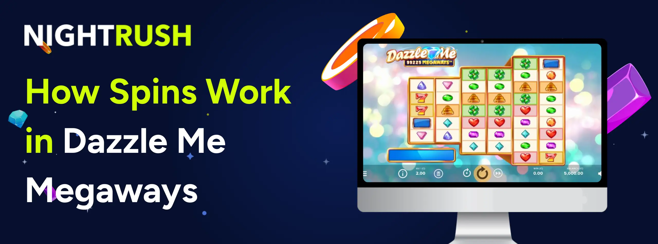 Laptop showing Dazzle Me Megaways gameplay, text on blue background.