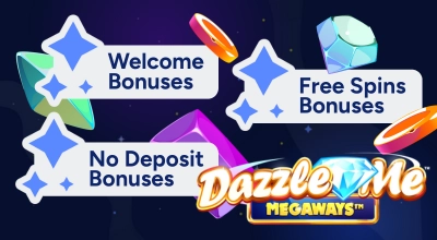 Infographic shows different types of casino bonus and Dazzle Me Megaways logo.