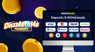 Laptop shows popular payment methods, Dazzle Me Megaways logo on the left.