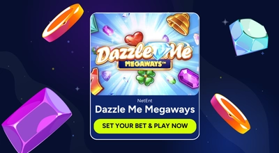 Infographic showing Dazzle Me Megaways game logo with a Set Your Bet & Play Now button.