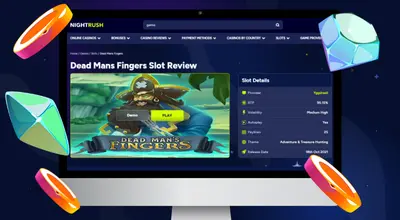 Laptop shows Nightrush website Dead Man’s Fingers Slot review page.