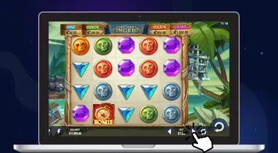 Laptop shows Dead Man’s Fingers gameplay with a cursor on arrow button.