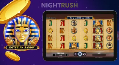 A tablet showing the Egyptian Sands logo and game screen.