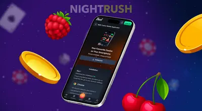 Smartphone showing a casino app download page with floating gold coins, cherries, and a raspberry.
