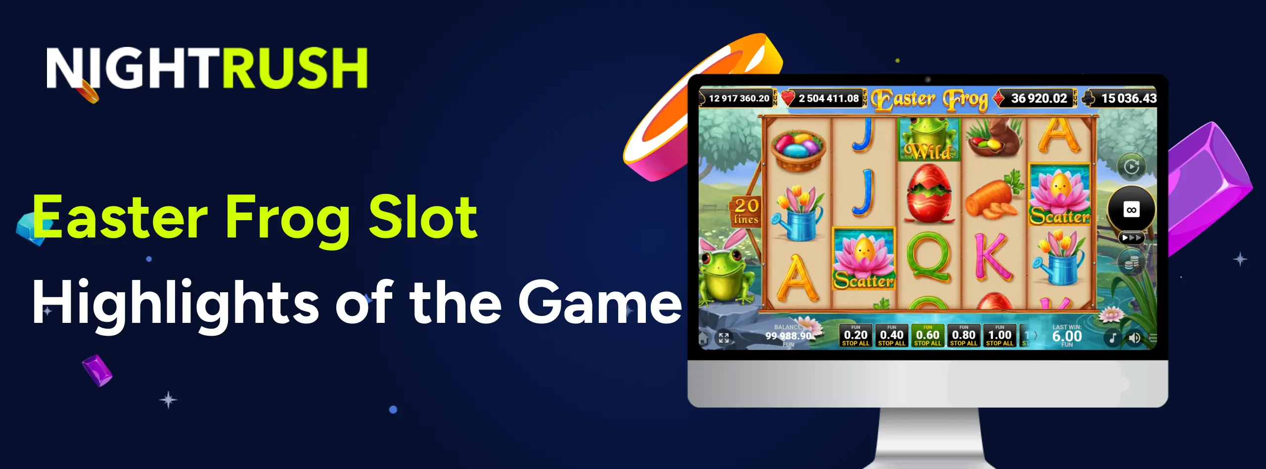 Desktop monitor showing Easter Frog slot with colorful egg and rabbit symbols.