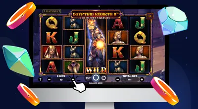 Laptop shows Egyptian Rebirth II: Mummy's Return gameplay with cursor on + lines button.