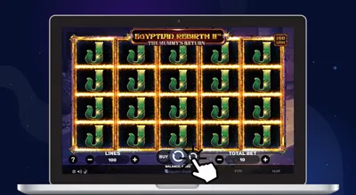 Laptop shows Egyptian Rebirth II: Mummy's Return gameplay with cursor on autoplay button.