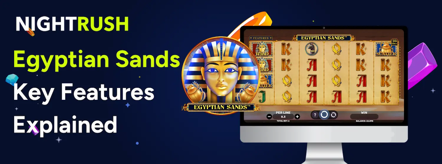 Desktop monitor showing Egyptian Sands gameplay with a golden pharaoh mask and scarab symbols.