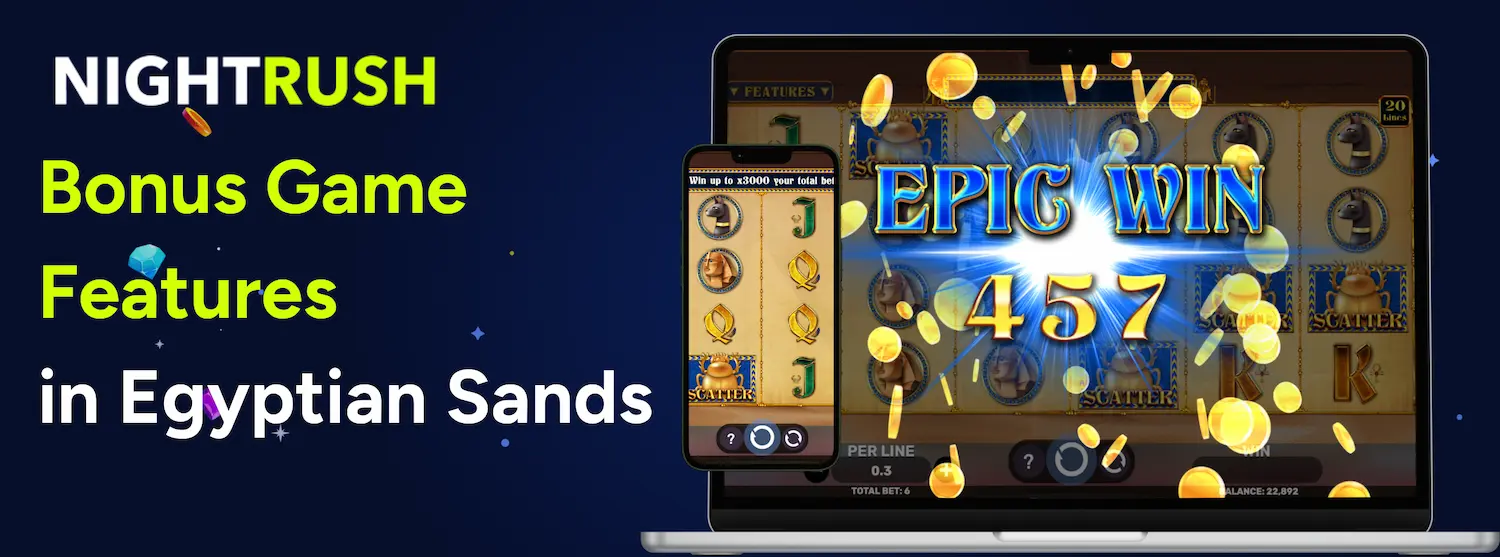 Laptop and smartphone showing Egyptian Sands epic win with golden coins and a pharaoh mask.