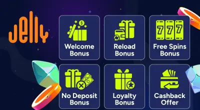 Casino bonuses and the Jelly Entertainment logo with the casino items on a starry background.
