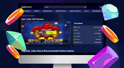 Laptop showing Nightrush's website, Epic Joker Slot Review.