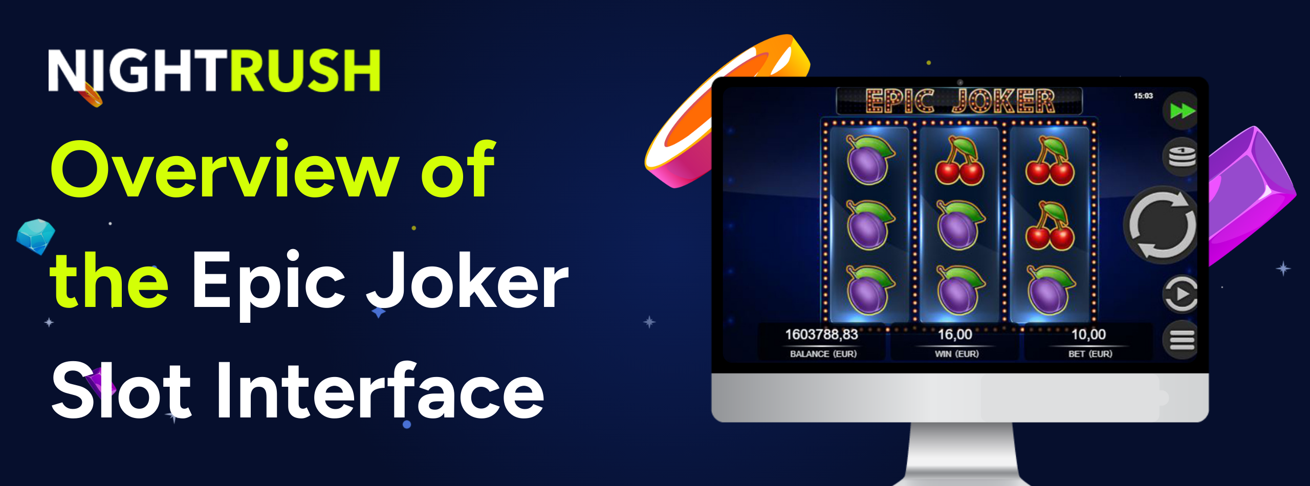 Laptop shows Epic Joker slot's gameplay, Overview of the Epic Joker Slot Interface text on blue.