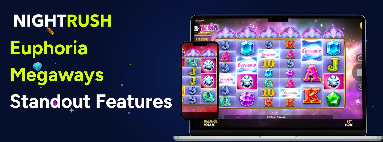 Laptop and smartphone showing Euphoria Megaways slot with vibrant gems and cosmic background.