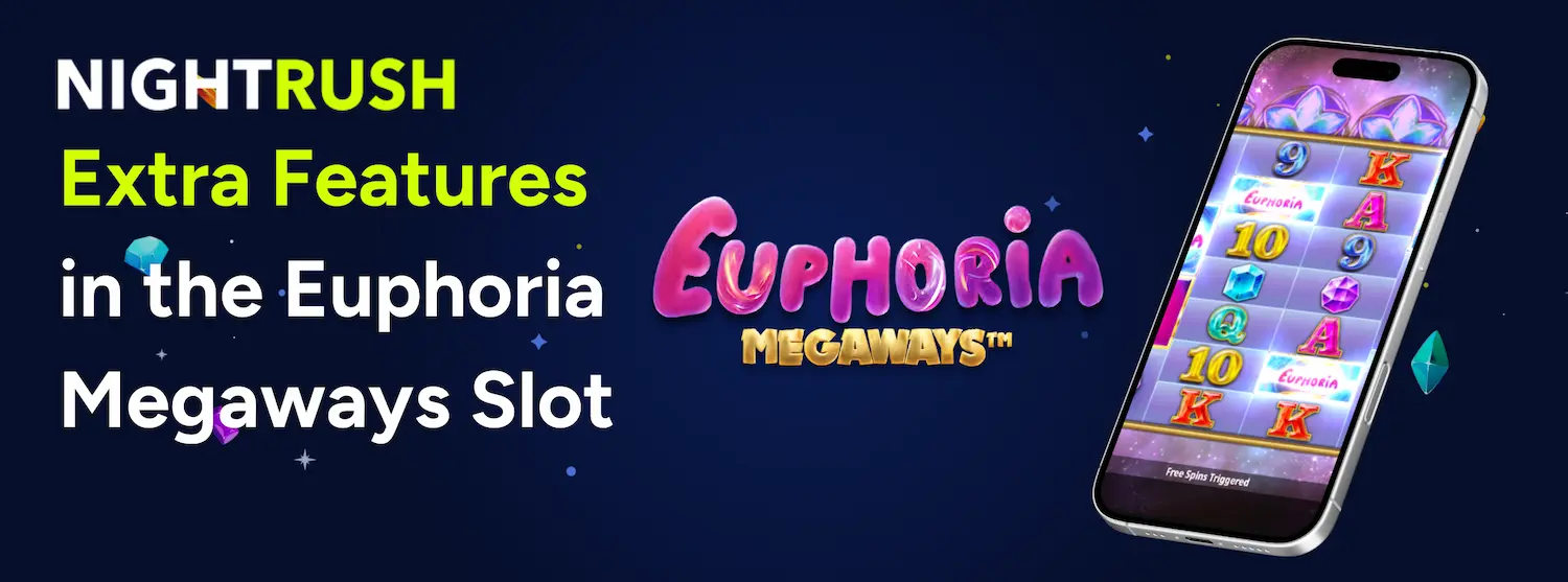 Smartphone showing Euphoria Megaways slot with Big Win text and glowing neon star symbols.