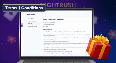 Laptop displaying a website with the Bonus Terms and Conditions for a casino promotion.