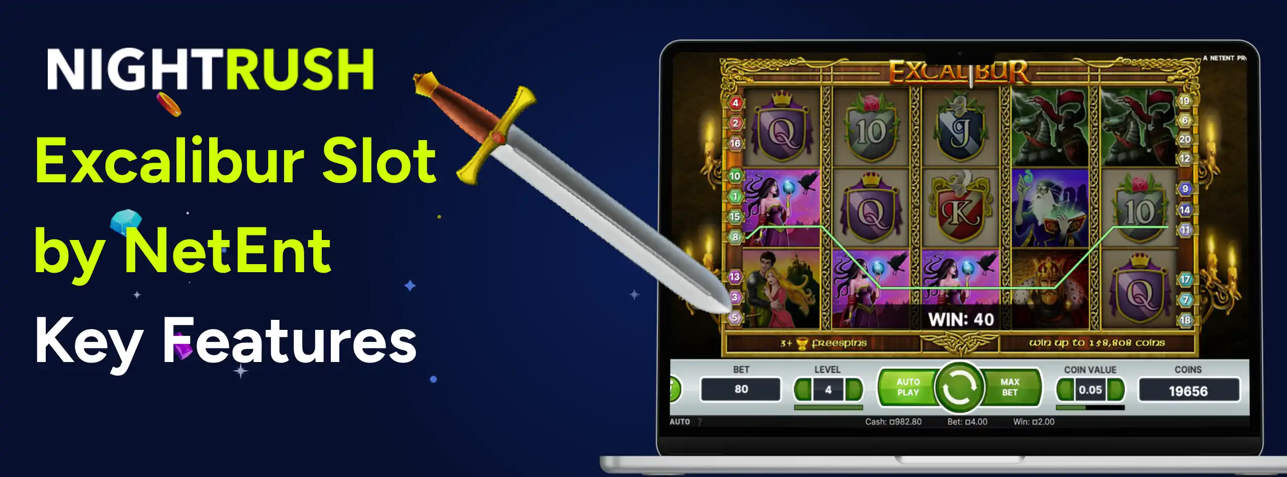 A banner showcasing the medieval-themed Excalibur slot game with King Arthur and Merlin characters.
