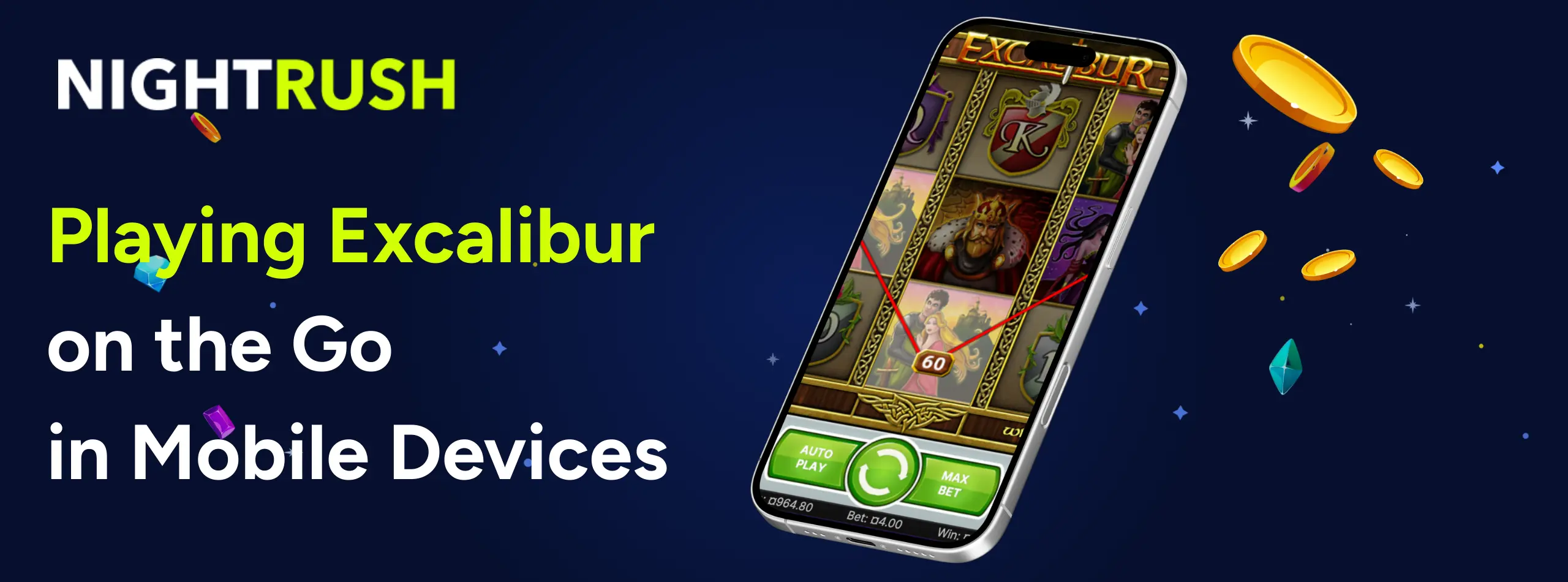 Smartphone displaying the Excalibur slot game on a dark blue banner with gold coins.