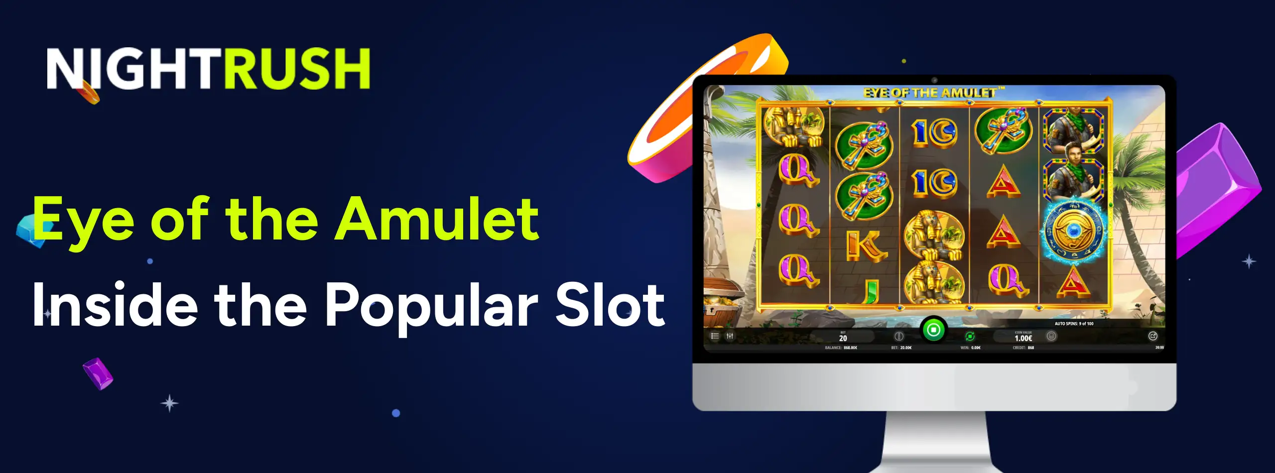 Desktop monitor showing Eye of the Amulet slot gameplay with Egyptian gods and golden ankhs.