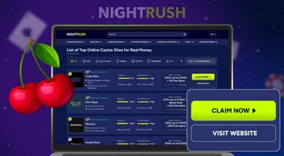 A laptop displays a website listing online casinos with a cherry graphic.