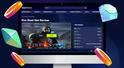 Laptop shows the Nightrush website Fire & Steel slot Review page.