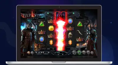 Laptop shows Fire & Steel Slot gameplay.