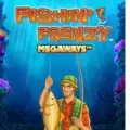Fishin’ Frenzy Megaways logo featuring a blue cartoon fish jumping out of the water.