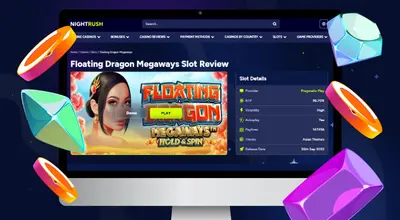 Laptop shows Nightrush website Floating Dragon Megaways Slot Review page.