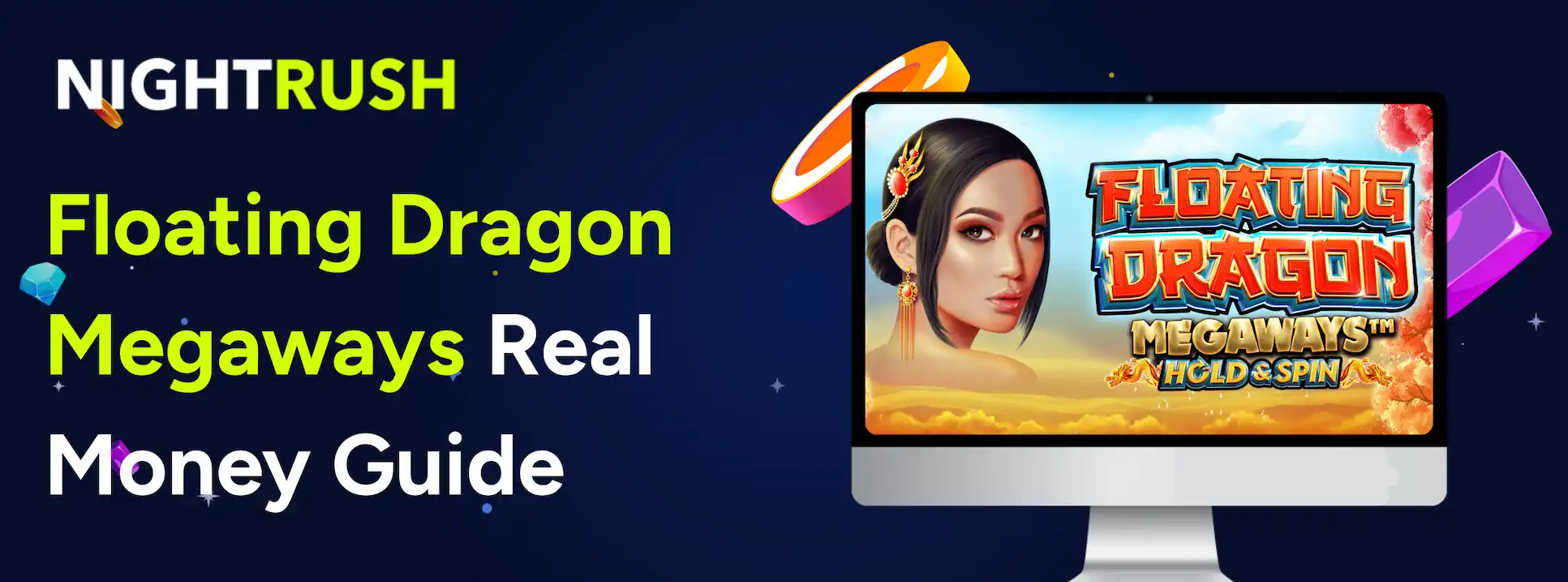 Laptop showing Floating Dragon Megaways logo & text on a blue background.