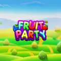 Fruit Party logo set against a vibrant green rolling hills landscape.