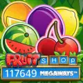 Fruit Shop Megaways logo displaying large, colorful fruit icons on a leafy background.