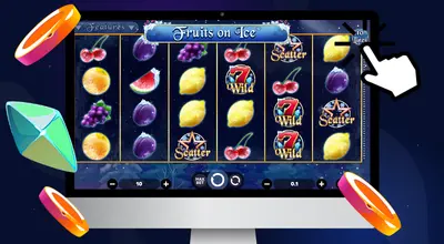 Laptop shows Fruits On Ice Slot gameplay with a cursor on 10 paylines button.
