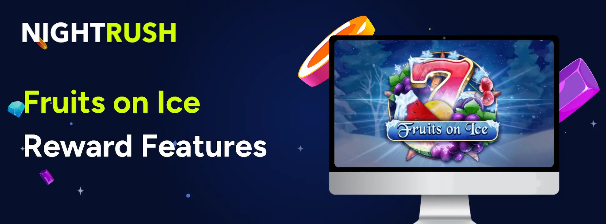 Laptop showing Fruits On Ice logo & text on a blue background.