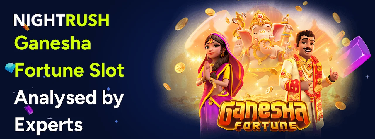 Promotional banner for Ganesha Fortune slot featuring characters and a golden Ganesha statue.