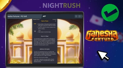 Laptop screen showing Ganesha Fortune game rules and RTP percentage next to a green checkmark.