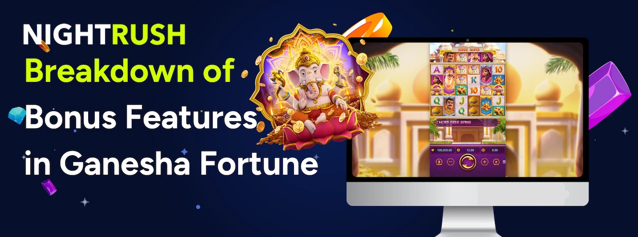 Promotional banner for Ganesha Fortune slot with a monitor displaying game bonus features.