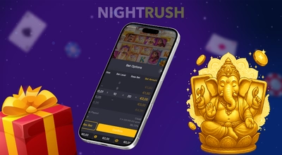 Smartphone showing Ganesha Fortune bet options next to a golden Ganesha statue and a gift box.