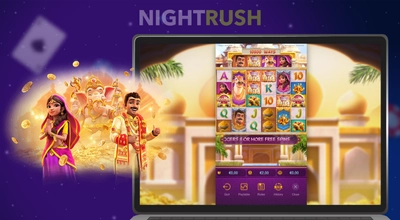 Laptop screen playing Ganesha Fortune slot game with golden coins and characters in the background.