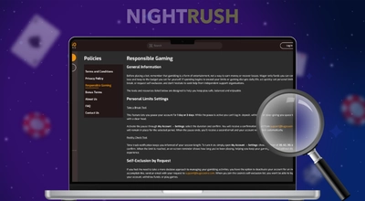 Laptop screen showing Responsible Gaming policies viewed through a magnifying glass.