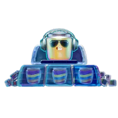 A blue and yellow robot wearing sunglasses, standing confidently with a playful expression