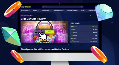 Computer screen displaying a vibrant online slot game review with colorful graphics and gems floating around