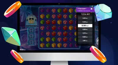 A computer screen displays a vibrant slot machine featuring colorful fruit symbols