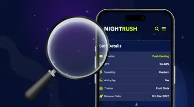 A smartphone displaying NightRush slot details next to a large magnifying glass.