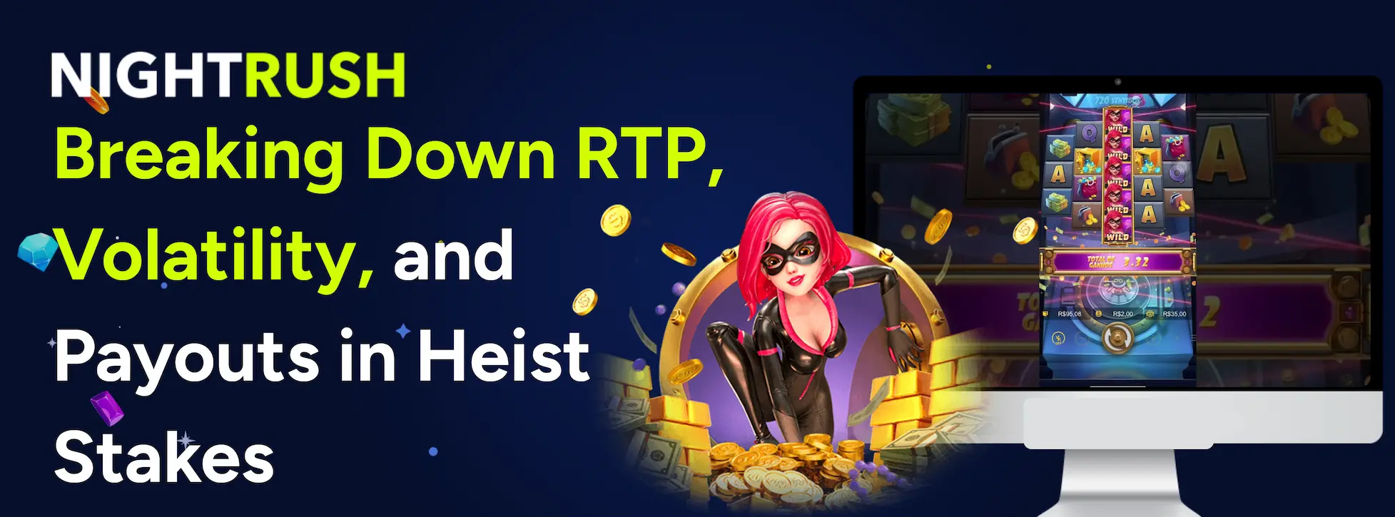 Heist Stakes reels on a screen with Breaking Down RTP, Volatility and Payouts in Heist Stakes text.