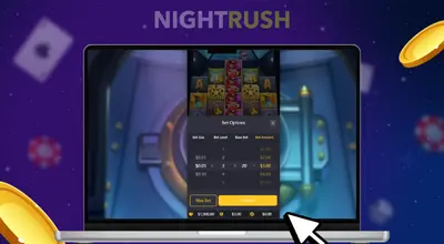 Heist Stakes bet sizes on a laptop with two coins and a cursor against a purple background.