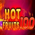 Hot Fruits 100 logo with a red lucky seven over a fiery star and classic slot fruits.