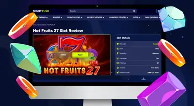 Laptop shows Nightrush website Hot Fruits 27 Slot Review page.