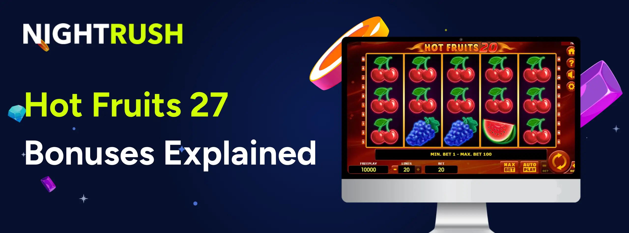 Laptop showing Hot Fruits 27 logo & text on a blue background.