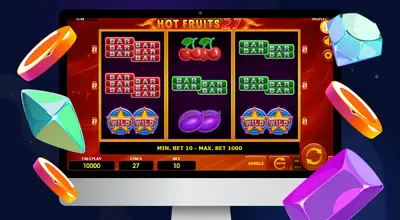Laptop shows Hot Fruits 27 Slot gameplay.