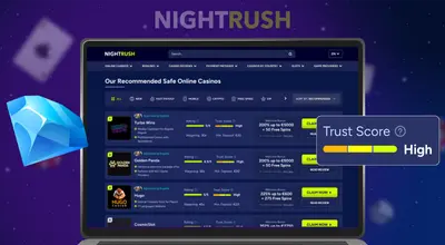 A casino recommendation list on a laptop screen with a Trust Score badge.
