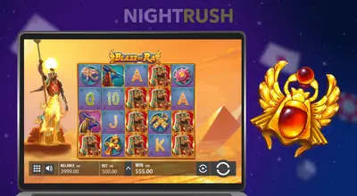 Laptop displaying Blaze of Ra slot game interface next to a golden scarab icon.